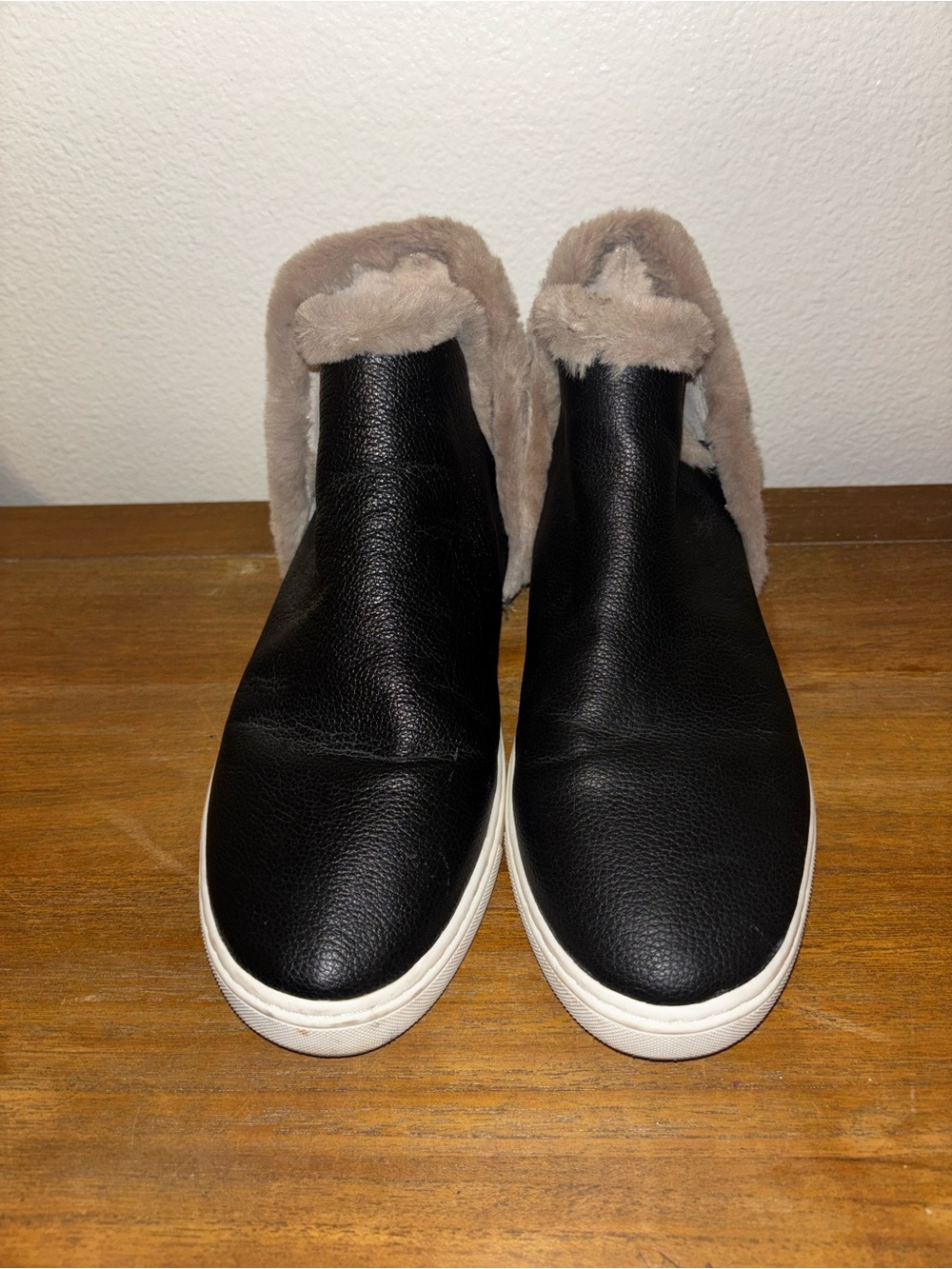 Birdies Black Leather Slip-On Sneakers with Taupe Faux-Fur Trim